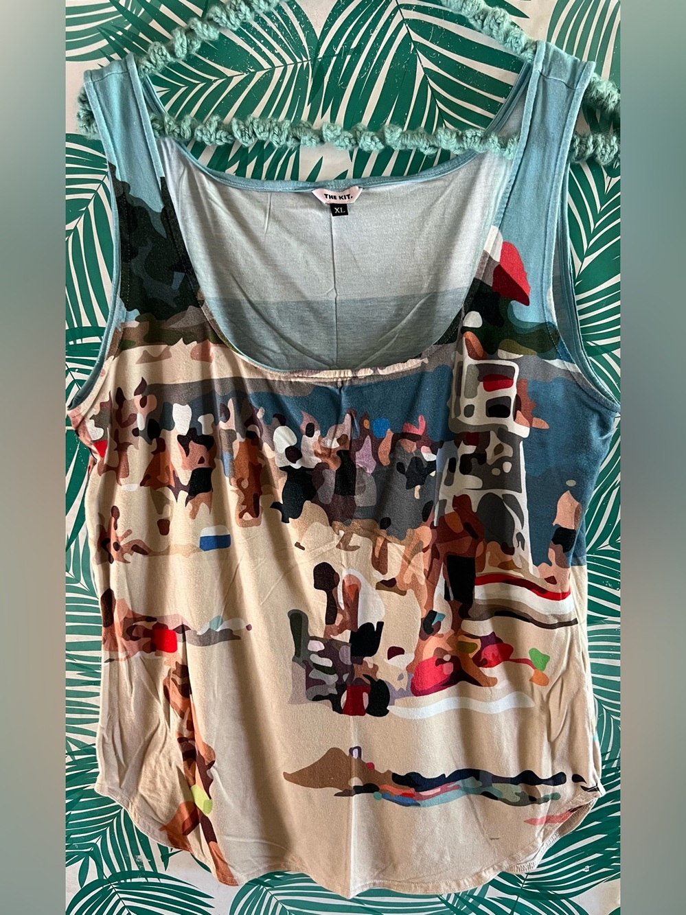 THE KIT. XL Light Blue artistic beach scene postcard print Tank Top